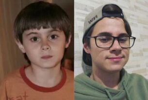 Montagem que mostra Rafael Miguel criança ao lado de foto do ator adolescente