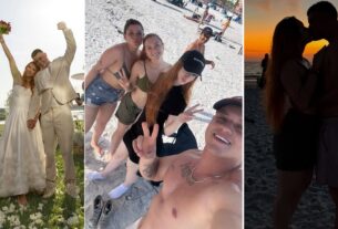 Recém-casada, filha de Gugu e marido posam com amigos em lua de mel na praia
