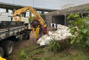 Na imagem acima, comporta do sistema contra enchentes de Porto Alegre é fechada com sacos de areia e de argila