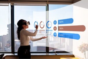 Mulher nova que trabalha usando simulador de realidade virtual no escritório