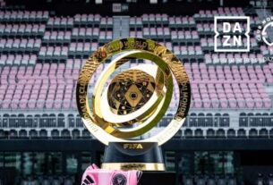 Camisa do Inter Miami, time de Messi, e o troféu da Copa do Mundo de Clubes