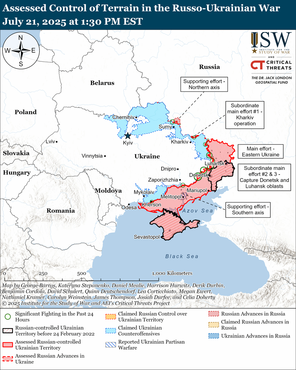 Avaliação, mapa e atualização da campanha ofensiva russa da ISW, 21 de julho de 2025