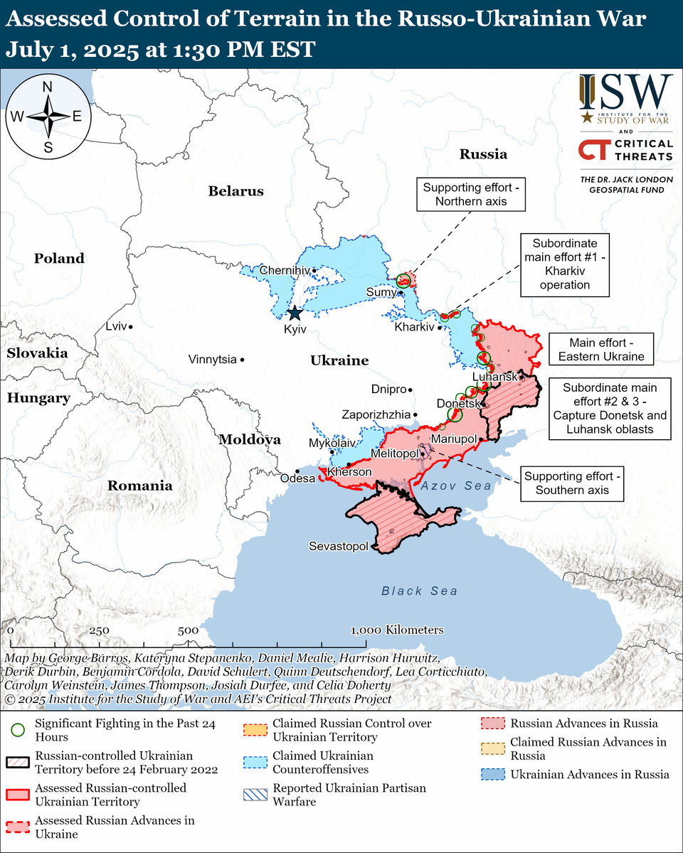 Avaliação de campanha ofensiva russa da ISW, 1 de julho de 2025