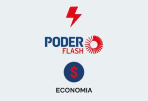 A imagem mostra o símbolo de um raio, uma referência à palavra "flash", o logotipo do Poder Flash e um símbolo que representa a economia.